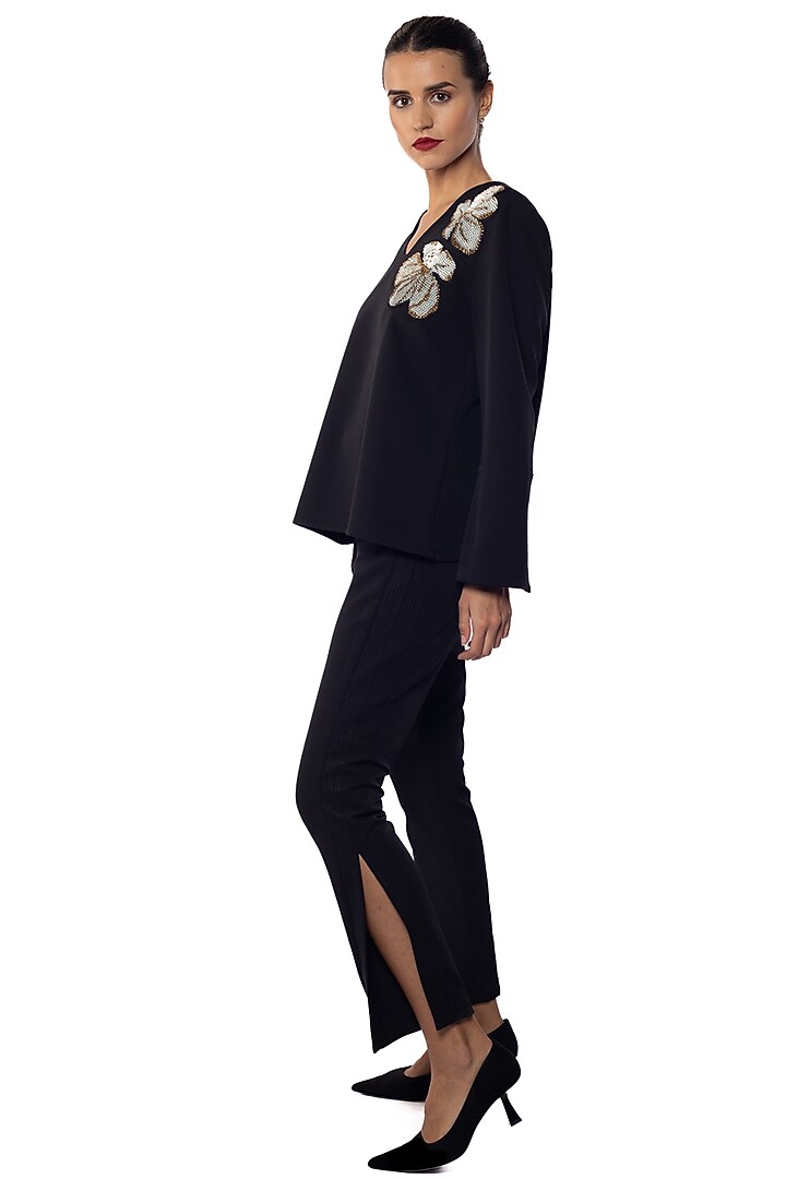 Black Banana Crepe Sequins Embellished Top by Sonal Singh at Pernia's Pop Up Shop