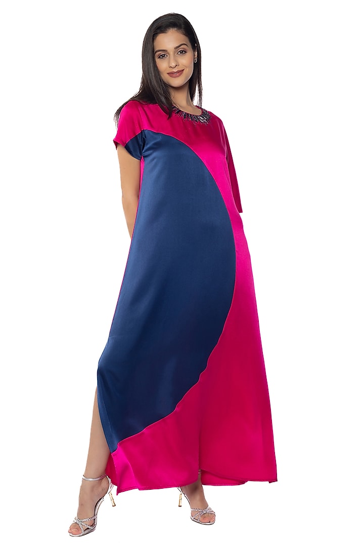 Ping Blue & Bossy Pink Satin Embellished Vacation Dress by Sonal Singh at Pernia's Pop Up Shop