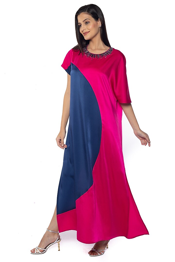 Ping Blue & Bossy Pink Satin Embellished Vacation Dress by Sonal Singh at Pernia's Pop Up Shop