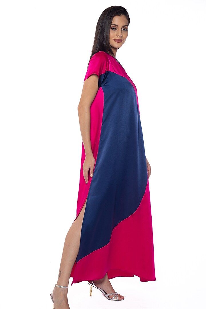 Ping Blue & Bossy Pink Satin Embellished Vacation Dress by Sonal Singh at Pernia's Pop Up Shop