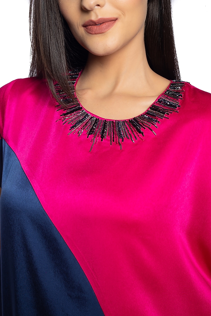 Ping Blue & Bossy Pink Satin Embellished Vacation Dress by Sonal Singh at Pernia's Pop Up Shop