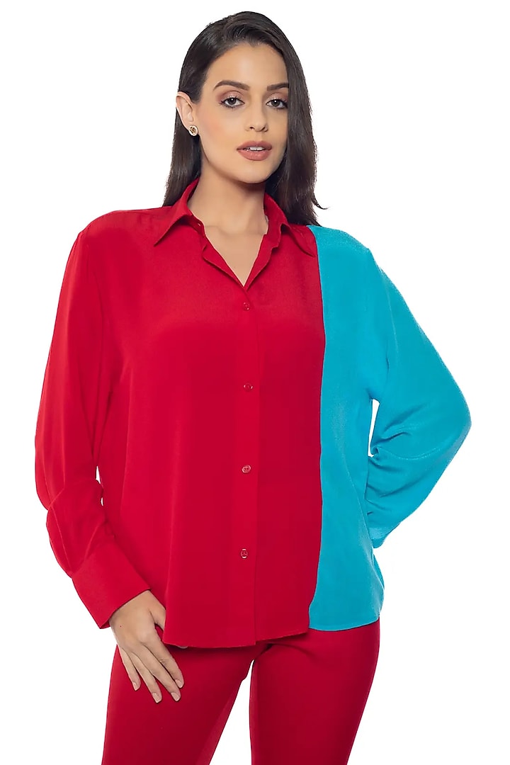 Red Vamp & Blue Blossom Silk Crepe Shirt by Sonal Singh at Pernia's Pop Up Shop