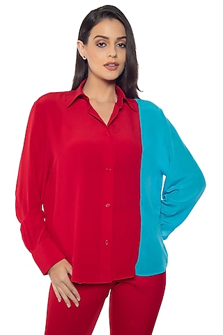 Red Vamp & Blue Blossom Silk Crepe Shirt by Sonal Singh