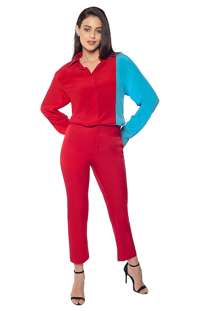 Red Vamp & Blue Blossom Silk Crepe Shirt by Sonal Singh at Pernia's Pop Up Shop