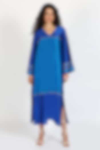 Cobalt Blue Silk Chanderi Color-Blocked Kaftan Vacation Dress by Sonal Singh at Pernia's Pop Up Shop