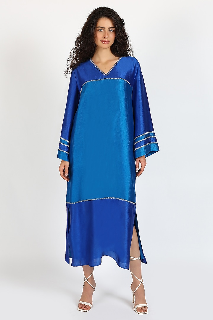 Cobalt Blue Silk Chanderi Color-Blocked Kaftan Vacation Dress by Sonal Singh at Pernia's Pop Up Shop