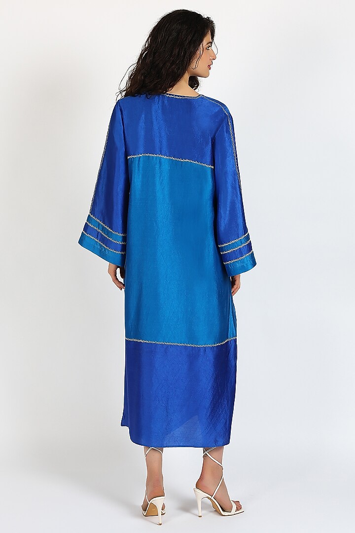 Cobalt Blue Silk Chanderi Color-Blocked Kaftan Vacation Dress by Sonal Singh at Pernia's Pop Up Shop