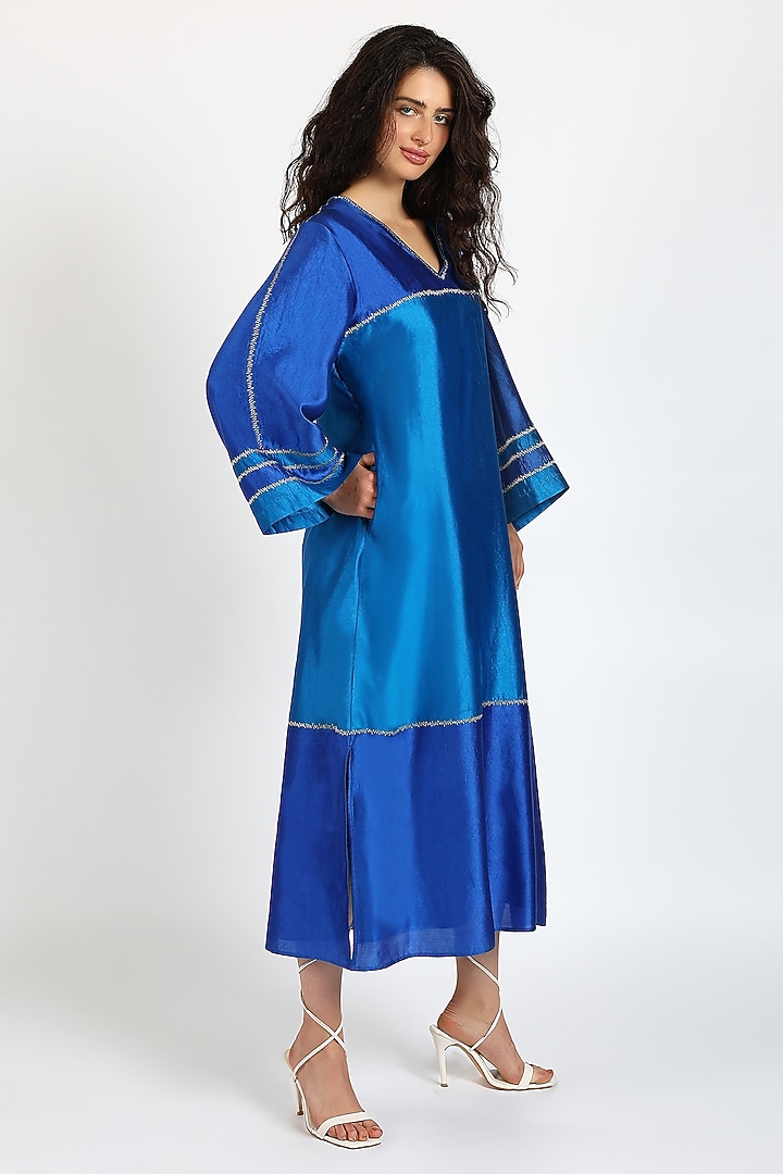 Cobalt Blue Silk Chanderi Color-Blocked Kaftan Vacation Dress by Sonal Singh at Pernia's Pop Up Shop