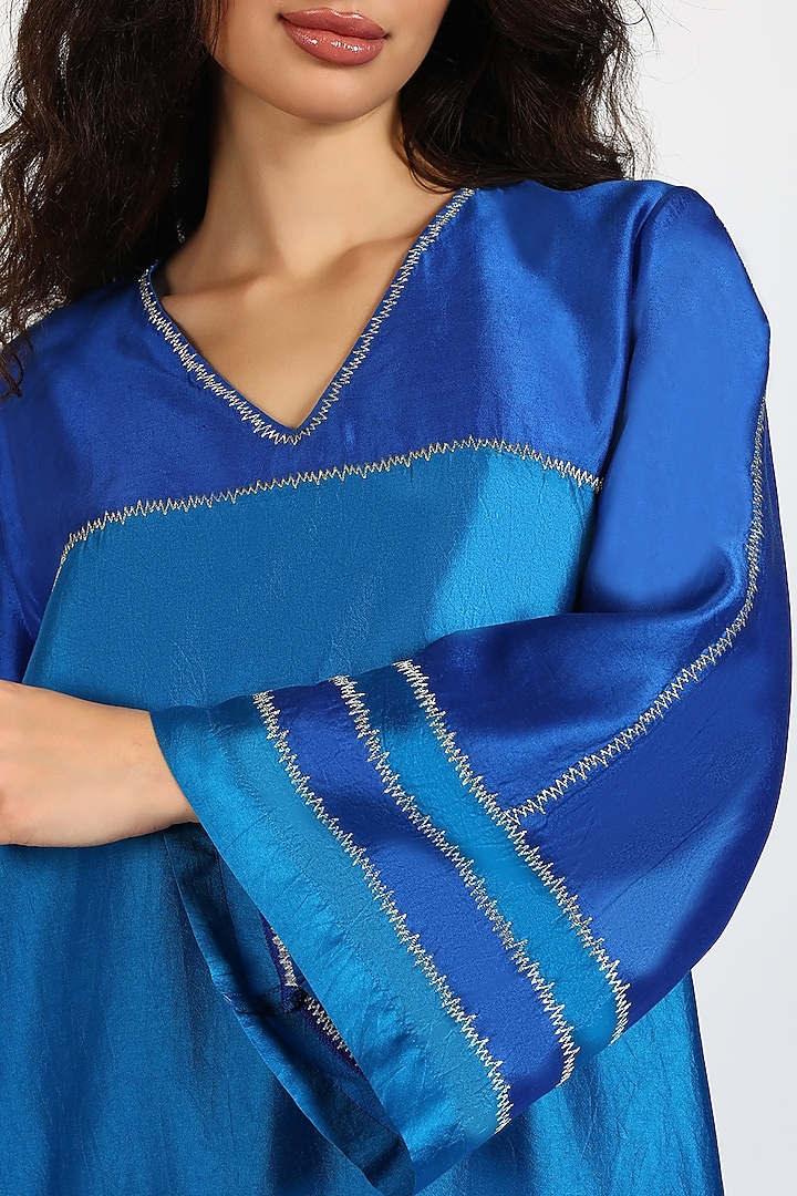 Cobalt Blue Silk Chanderi Color-Blocked Kaftan Vacation Dress by Sonal Singh at Pernia's Pop Up Shop