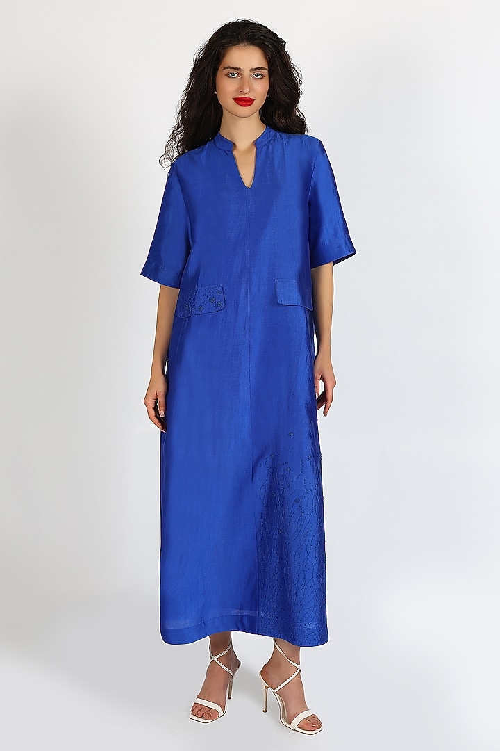 Cobalt Blue Silk Chanderi Hand Embroidered Maxi Vacation Dress by Sonal Singh at Pernia's Pop Up Shop