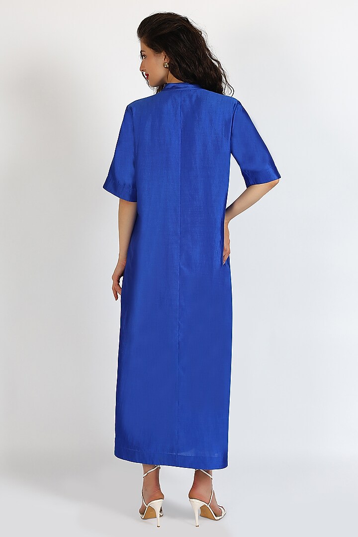 Cobalt Blue Silk Chanderi Hand Embroidered Maxi Vacation Dress by Sonal Singh at Pernia's Pop Up Shop