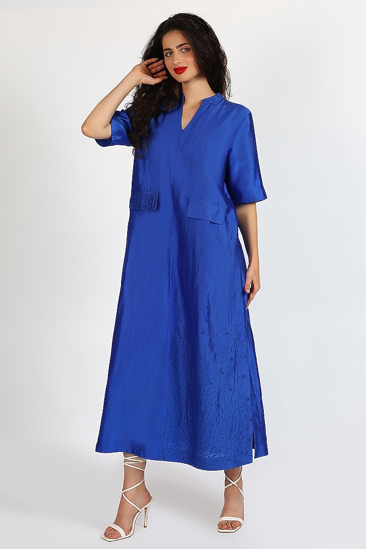 Cobalt Blue Silk Chanderi Hand Embroidered Maxi Vacation Dress by Sonal Singh at Pernia's Pop Up Shop