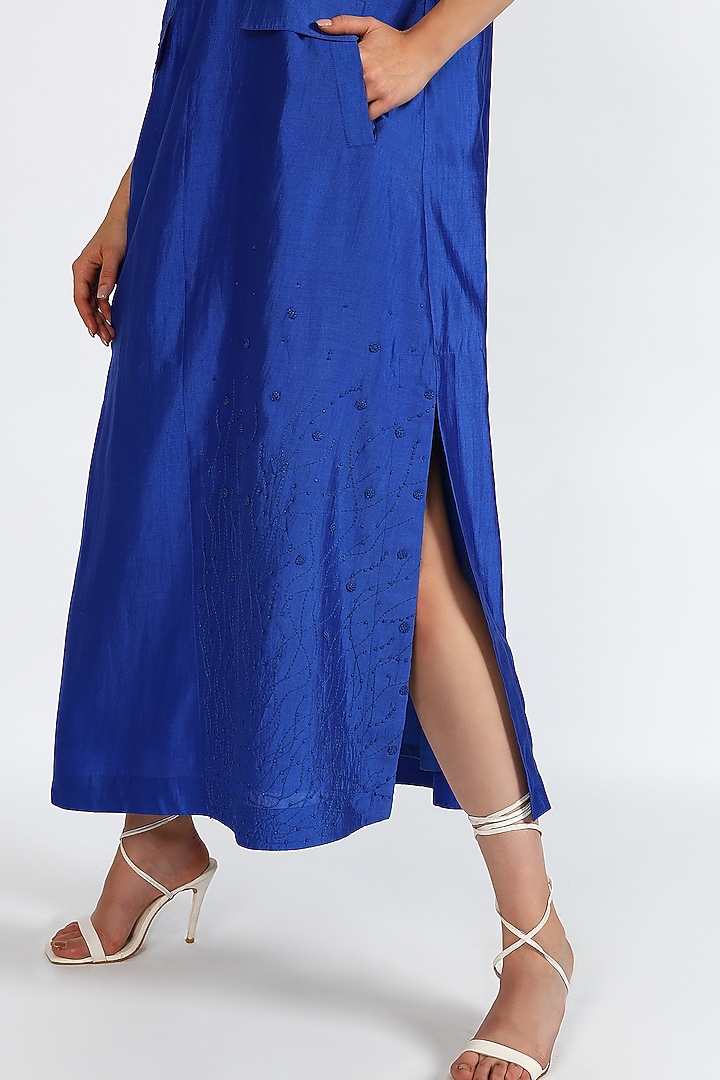 Cobalt Blue Silk Chanderi Hand Embroidered Maxi Vacation Dress by Sonal Singh at Pernia's Pop Up Shop