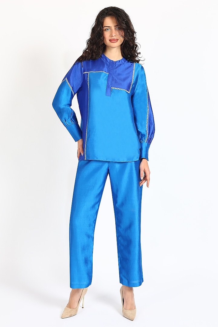 Cobalt Blue Silk Chanderi Zari Embroidered Co-Ord Set by Sonal Singh at Pernia's Pop Up Shop