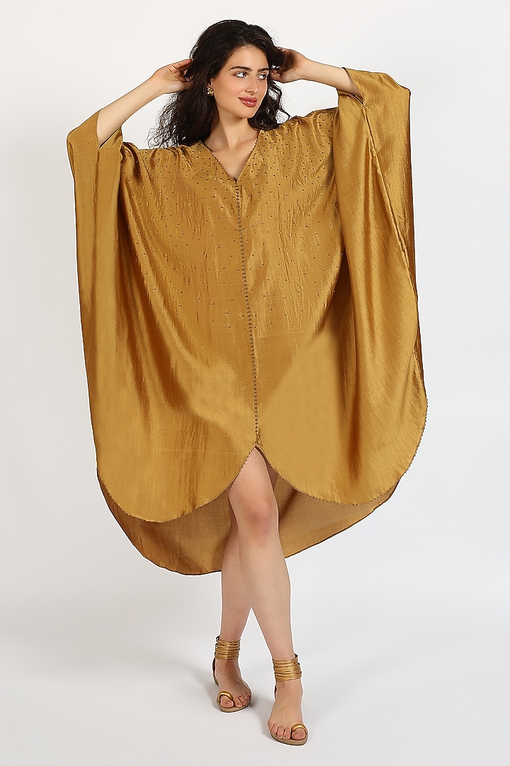 Honey Bronze Silk Chanderi Kaftan Vacation Dress by Sonal Singh at Pernia's Pop Up Shop