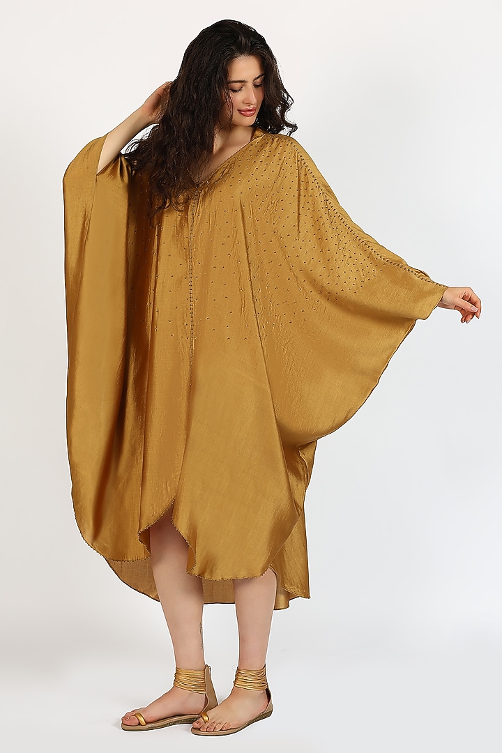 Honey Bronze Silk Chanderi Kaftan Vacation Dress by Sonal Singh at Pernia's Pop Up Shop