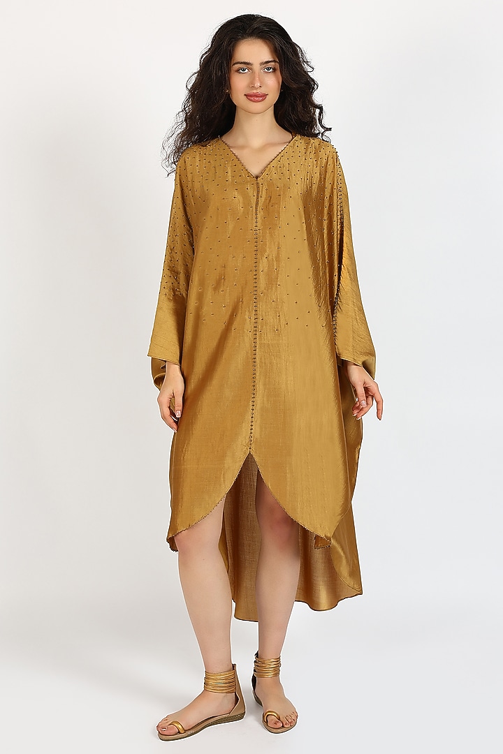 Honey Bronze Silk Chanderi Kaftan Vacation Dress by Sonal Singh at Pernia's Pop Up Shop