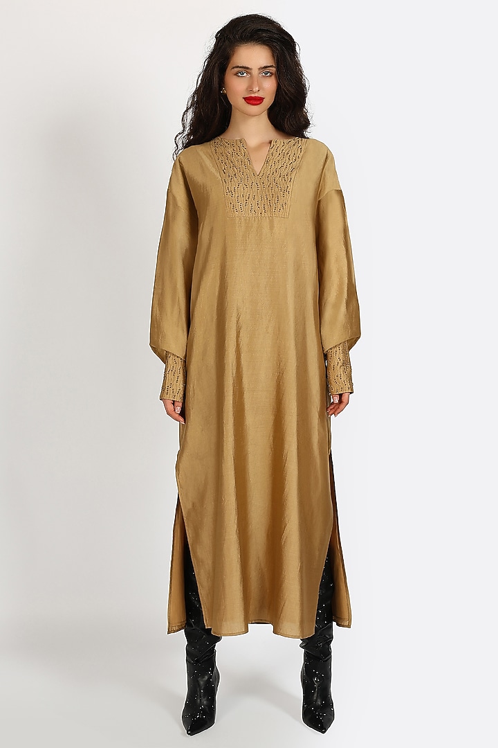 Ochre Silk Chanderi Hand Embroidered Kaftan Vacation Dress by Sonal Singh at Pernia's Pop Up Shop
