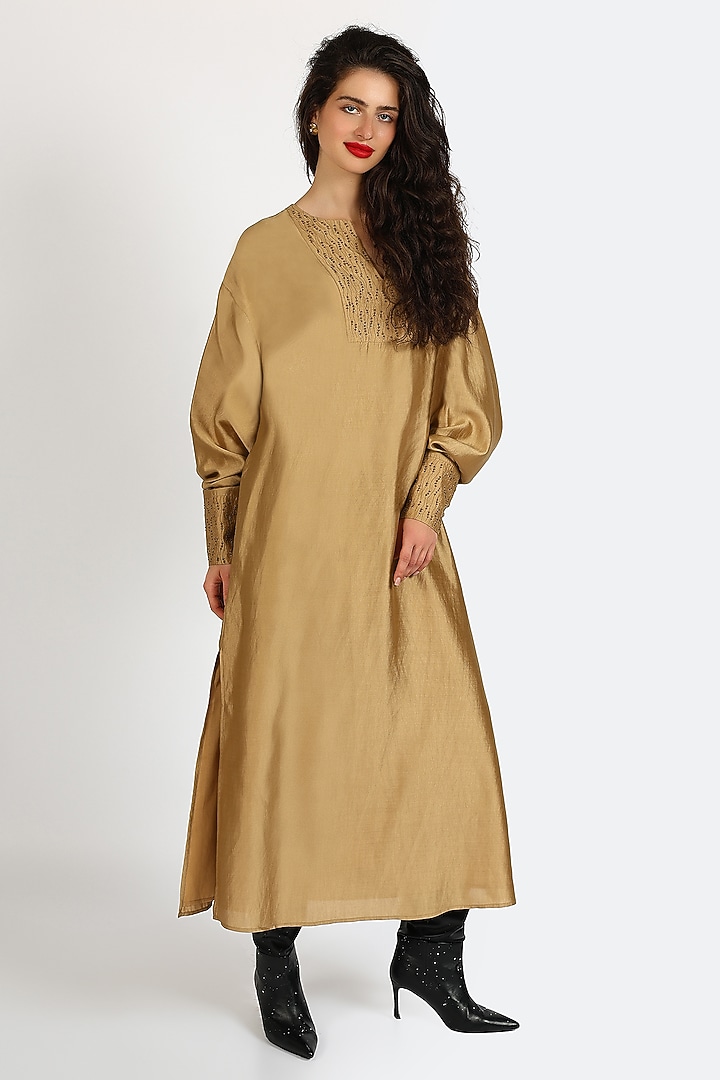 Ochre Silk Chanderi Hand Embroidered Kaftan Vacation Dress by Sonal Singh at Pernia's Pop Up Shop