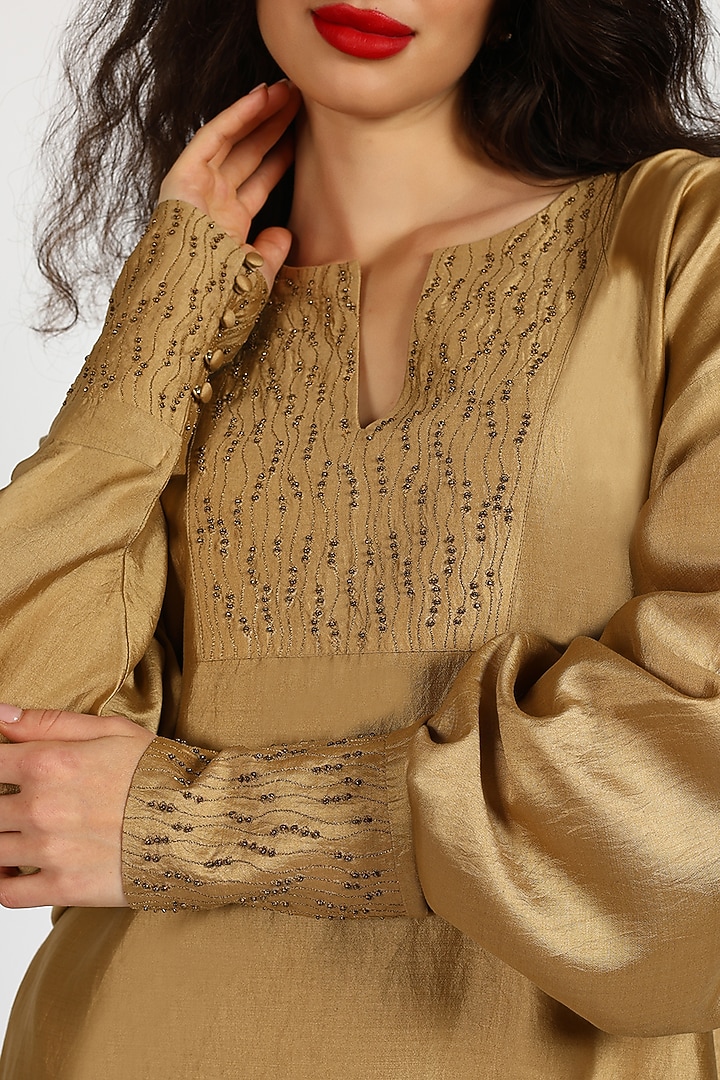 Ochre Silk Chanderi Hand Embroidered Kaftan Vacation Dress by Sonal Singh at Pernia's Pop Up Shop
