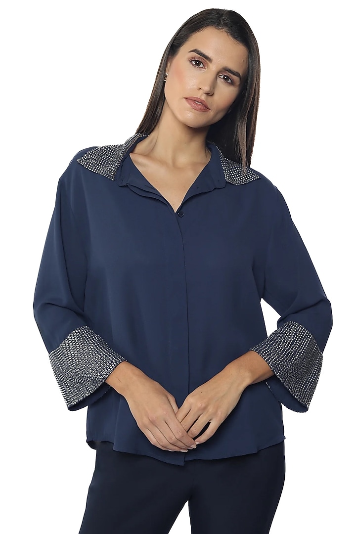 Blue Georgette Hand Embroidered Shirt by Sonal Singh at Pernia's Pop Up Shop