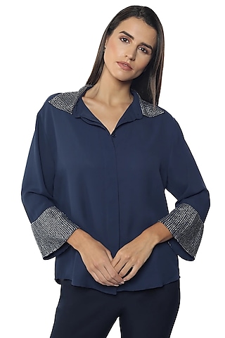 Blue Georgette Hand Embroidered Shirt by Sonal Singh