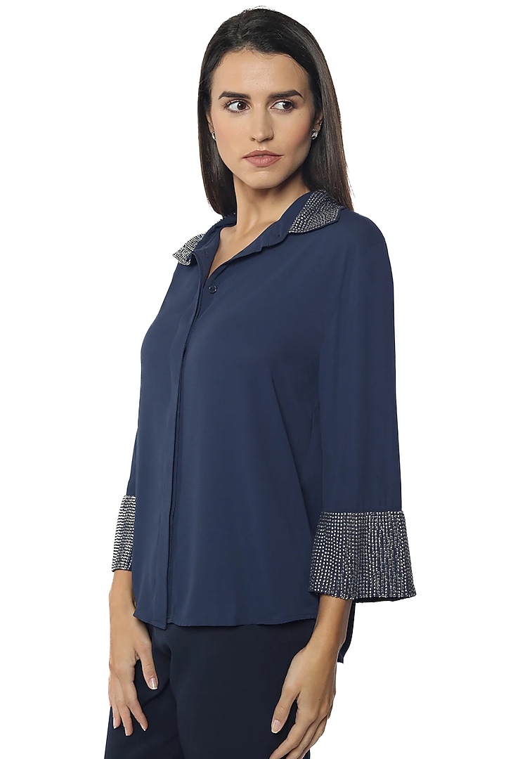 Blue Georgette Hand Embroidered Shirt by Sonal Singh at Pernia's Pop Up Shop