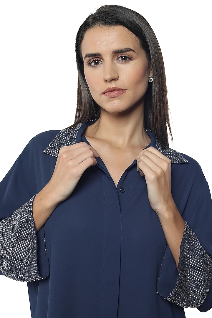 Blue Georgette Hand Embroidered Shirt by Sonal Singh at Pernia's Pop Up Shop