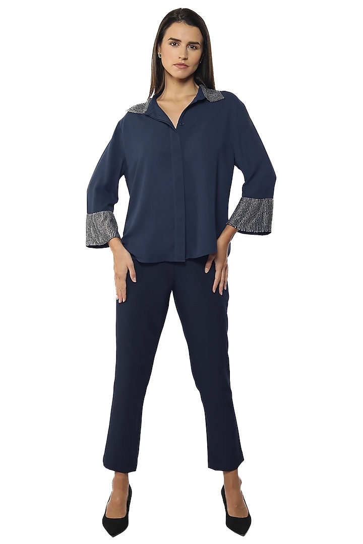 Blue Georgette Hand Embroidered Shirt by Sonal Singh at Pernia's Pop Up Shop