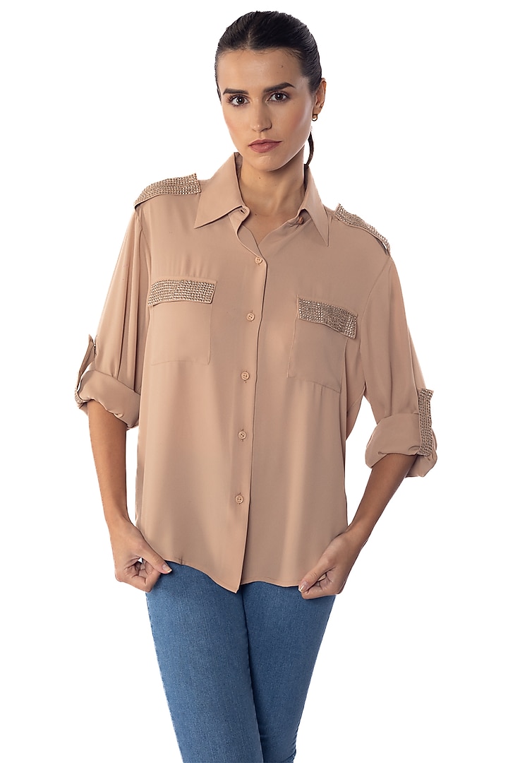 Tan Georgette Hand Embroidered Shirt by Sonal Singh at Pernia's Pop Up Shop