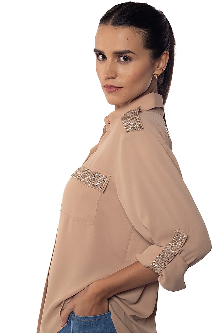 Tan Georgette Hand Embroidered Shirt by Sonal Singh at Pernia's Pop Up Shop