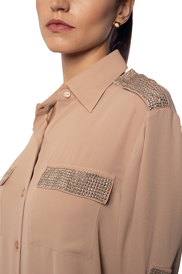 Tan Georgette Hand Embroidered Shirt by Sonal Singh at Pernia's Pop Up Shop