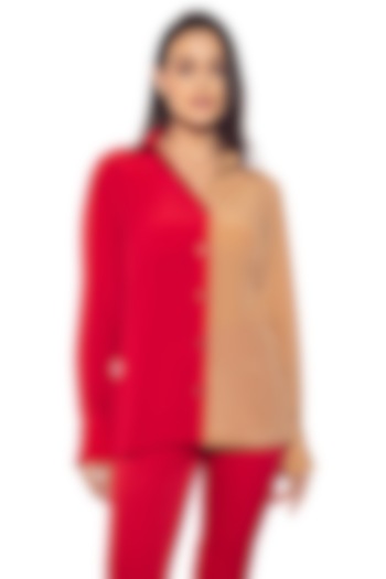 Red & Tan Silk Crepe Embroidered Shirt by Sonal Singh at Pernia's Pop Up Shop
