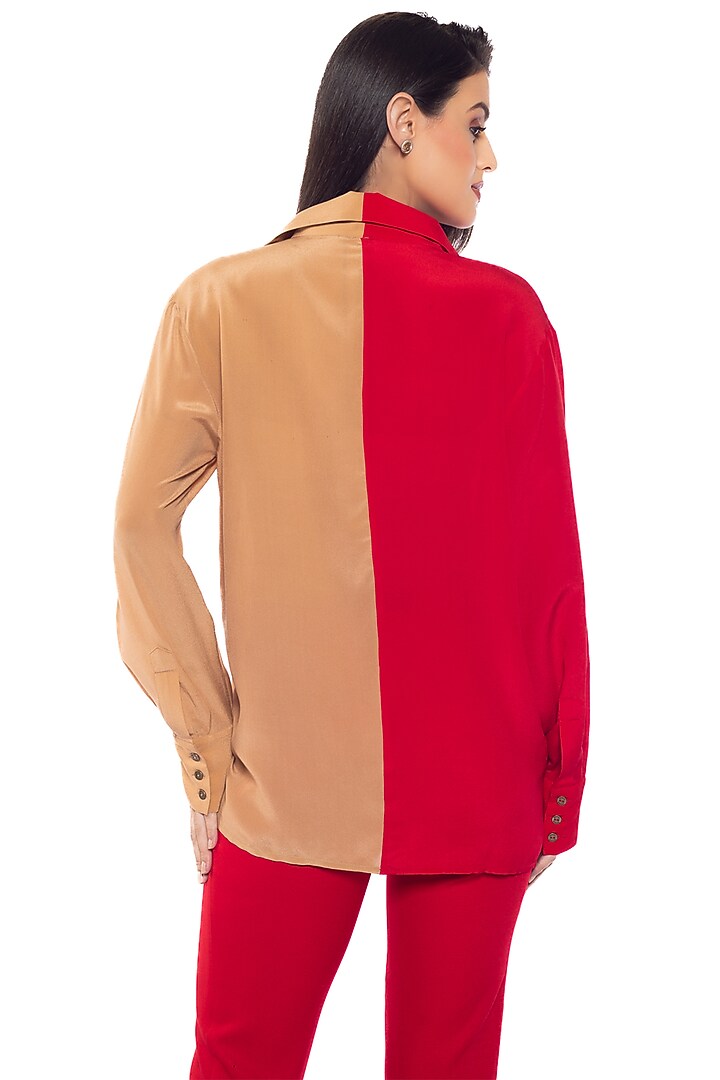 Red & Tan Silk Crepe Embroidered Shirt by Sonal Singh at Pernia's Pop Up Shop