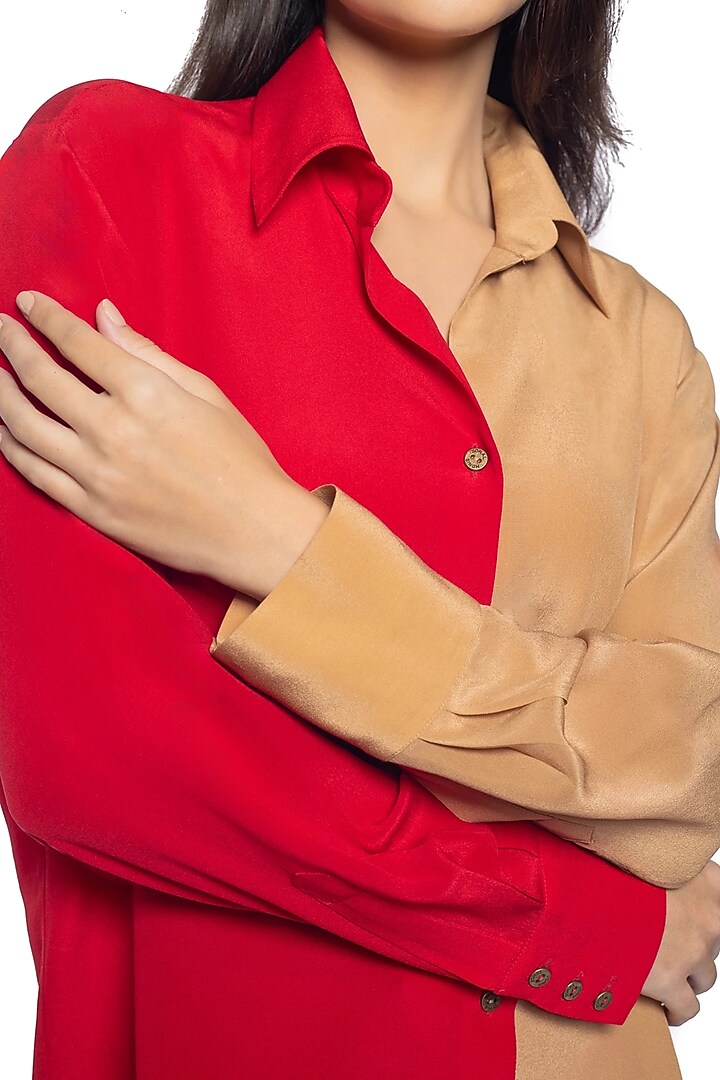 Red & Tan Silk Crepe Embroidered Shirt by Sonal Singh at Pernia's Pop Up Shop