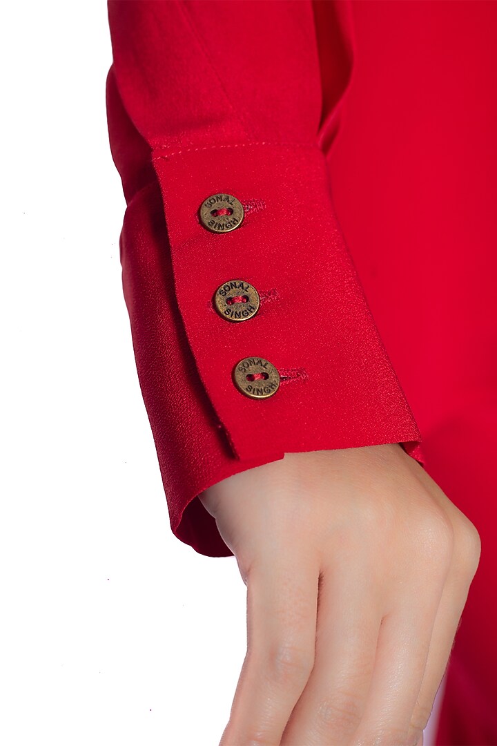 Red & Tan Silk Crepe Embroidered Shirt by Sonal Singh at Pernia's Pop Up Shop