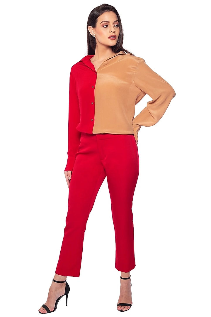 Red & Tan Silk Crepe Embroidered Shirt by Sonal Singh at Pernia's Pop Up Shop