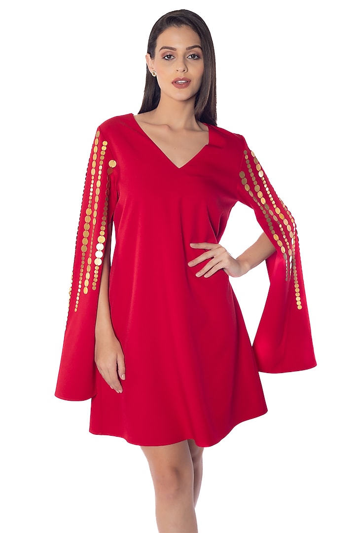 Red Banana Crepe Embellished Vacation Dress by Sonal Singh at Pernia's Pop Up Shop