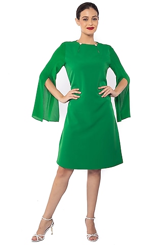Everglades Green Banana Crepe & Silk Crepe Dress by Sonal Singh