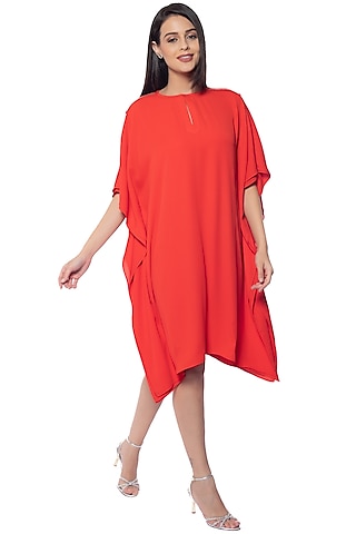 Coral Red Georgette Hand Embroidered Dress by Sonal Singh
