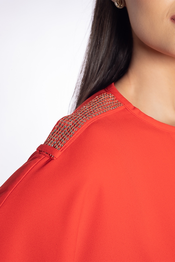 Coral Red Georgette Hand Embroidered Summer Dress by Sonal Singh at Pernia's Pop Up Shop