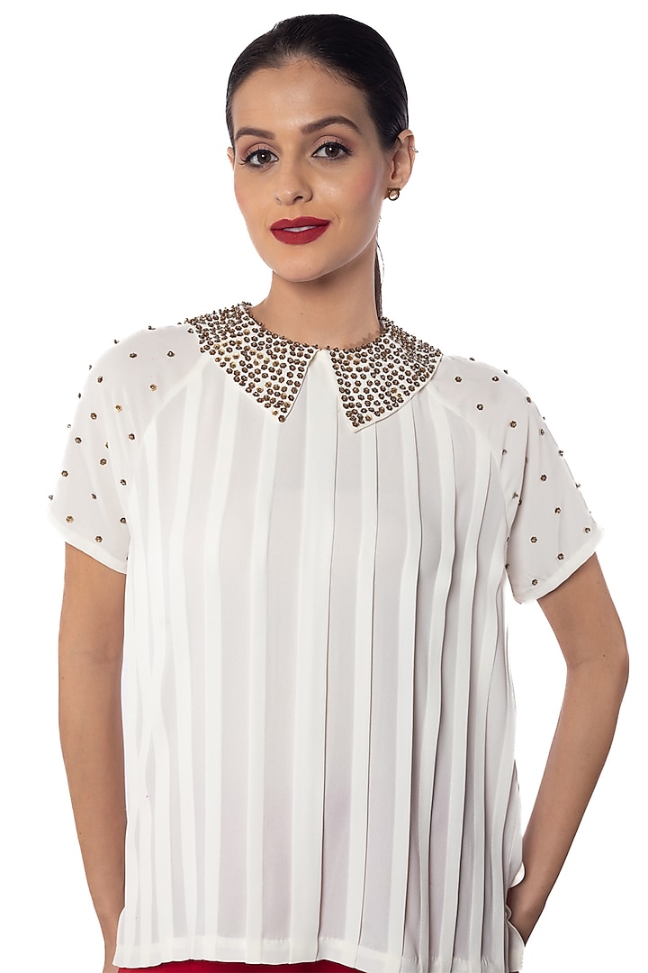 White Georgette Hand Embroidered Top by Sonal Singh at Pernia's Pop Up Shop