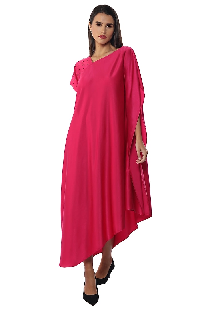 Pink Satin Hand Embroidered Vacation Dress by Sonal Singh at Pernia's Pop Up Shop