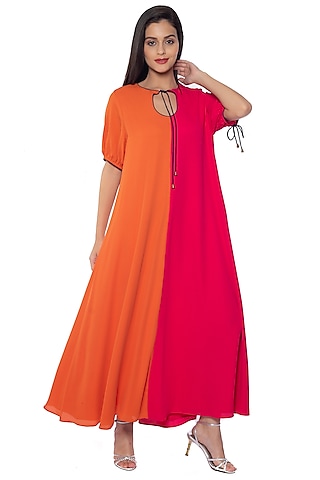 Pink & Tango Orange Georgette Dress by Sonal Singh