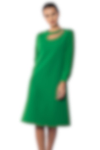 Everglades Green Banana Crepe & Silk Crepe Bead Embroidered Vacation Dress by Sonal Singh at Pernia's Pop Up Shop