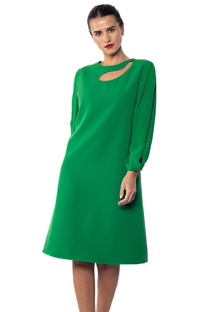 Everglades Green Banana Crepe & Silk Crepe Bead Embroidered Vacation Dress by Sonal Singh at Pernia's Pop Up Shop