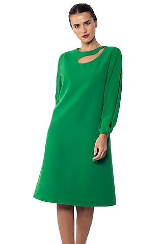 Everglades Green Banana Crepe & Silk Crepe Bead Embroidered Dress by Sonal Singh