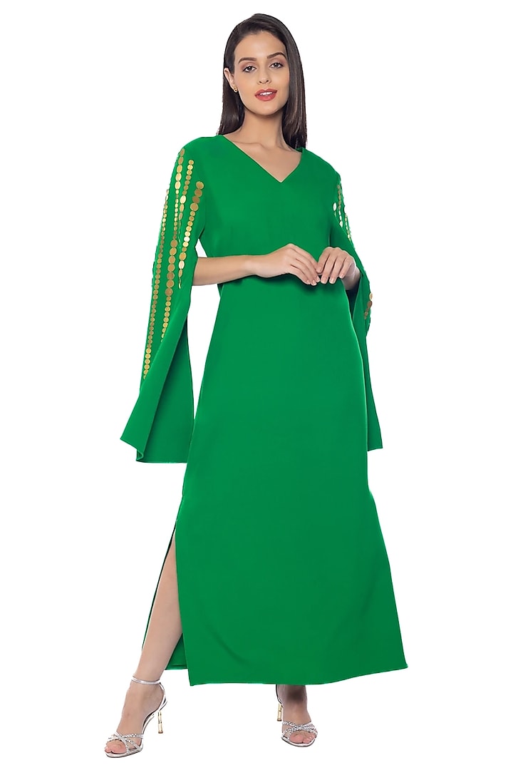 Everglades Green Banana Crepe Embellished Vacation Dress by Sonal Singh at Pernia's Pop Up Shop