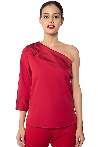 Red Vamp Banana Crepe & Satin Top by Sonal Singh