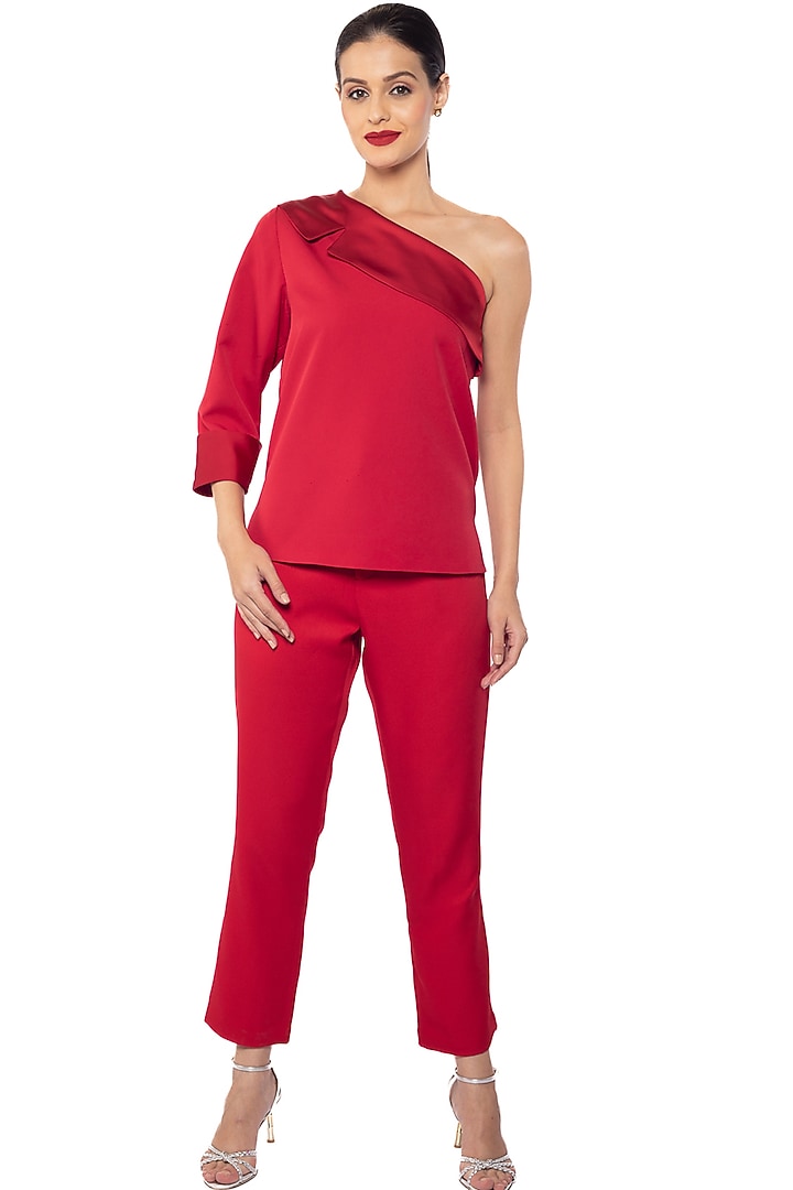 Red Vamp Banana Crepe & Satin Top by Sonal Singh at Pernia's Pop Up Shop